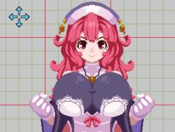 1girl animated bad_tag bare_shoulders bouncing_breasts breasts disgaea dress gloves grid_background helmet huge_breasts jewelry la_pucelle looking_at_viewer medium_hair necklace pixel_art prier red_eyes red_hair sakuemon smile solo thighs two-tone_dress video