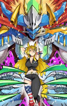 1girl american_flag_legwear amik0824 animal_ears arm_ribbon black_pants black_shirt blonde_hair blue_hair breasts cleavage commentary_request commission duel_masters highres horse_ears horse_girl long_hair looking_at_viewer multicolored_hair obey_your_master_(umamusume) pants ribbon shirt skeb_commission star-shaped_pupils star_(symbol) symbol-shaped_pupils two-tone_hair umamusume umamusume:_cinderella_gray