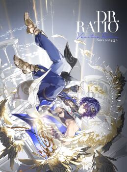 1boy absurdres ancient_greek_clothes architecture arm_guards asymmetrical_jacket black_gloves black_shirt blue_jacket blue_pants brooch character_name chinese_commentary cleavage_cutout closed_mouth clothing_cutout collared_shirt dated disembodied_wing dr._ratio_(honkai:_star_rail) expressionless falling feathered_wings fingerless_gloves full_body gloves gold_sandals greco-roman_architecture greco-roman_clothes grey_background hair_between_eyes hand_up highres himation honkai:_star_rail honkai_(series) jacket jewelry laurel_crown light_rays looking_at_object looking_at_viewer male_focus midair nnnnnova pants pillar procreate_(medium) purple_hair red_eyes sample_watermark sandals scarf shirt short_hair side_cutout single_bare_shoulder sleeveless sleeveless_shirt solo thigh_strap upside-down watermark white_scarf wings yellow_wings