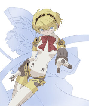 1girl aigis_(persona) aiming aiming_at_viewer android blonde_hair blue_eyes bow bright_pupils cowboy_shot finger_cannon hair_between_eyes hairband highres joints looking_at_viewer palladion_(persona) persona persona_(summon) persona_3 red_bow robot_joints serious short_hair simple_background solo white_background white_pupils yomyompi
