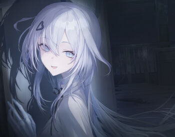 1girl blue_eyes bone grey_hair hair_ornament hairclip highres long_hair looking_to_the_side morichika_shuuto open_mouth original shadow smile spider_web_pattern white_hair