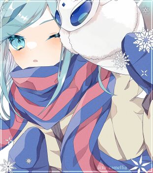 1boy :o blue_eyes blue_hair blue_mittens blue_scarf bug fluffy frosmoth gen_8_pokemon grey_background grusha_(pokemon) highres insect jacket long_hair long_sleeves looking_at_viewer male_focus mittens moth nintendo one_eye_closed pokemon pokemon_(creature) pokemon_sv scarf simple_background snowflakes striped_clothes striped_scarf to_camellia two-tone_scarf upper_body yellow_jacket