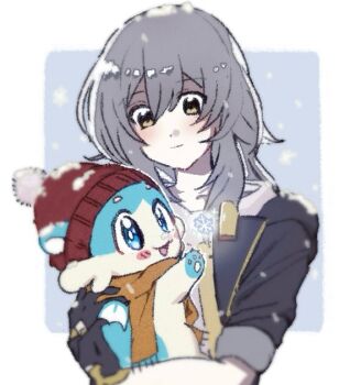 1girl blanket blush closed_mouth grey_hair holding honkai:_star_rail honkai_(series) light_smile looking_at_another nnnn_7777777 open_mouth pet quilt scarf simple_background snow snowflakes snowing stelle_(honkai:_star_rail) trailblazer_(honkai:_star_rail) translated