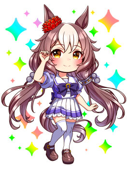 1girl animal_ears blush bow bowtie breasts brown_eyes brown_hair chibi chibi_only closed_mouth collarbone commentary_request ear_ornament ear_scrunchie full_body hair_between_eyes highres horse_ears horse_girl horse_tail large_breasts long_hair looking_at_viewer low_twintails multicolored_hair pleated_skirt puffy_short_sleeves puffy_sleeves purple_bow purple_bowtie purple_shirt red_scrunchie sailor_collar sailor_shirt school_uniform scrunchie shirt shoes short_sleeves skirt smile solo sugimotty_nova tail thighhighs tracen_school_uniform twintails umamusume white_hair white_sailor_collar white_skirt white_thighhighs yamanin_zephyr_(umamusume) zettai_ryouiki