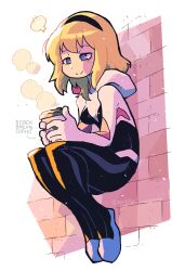 1girl absurdres blonde_hair blue_eyes bodysuit breasts brick_wall cup disposable_coffee_cup disposable_cup english_text gwen_stacy half-closed_eyes highres holding holding_cup hood hooded_bodysuit marvel medium_breasts multicolored_bodysuit no_pupils print_bodysuit rariatto_(ganguri) running_bond simple_background smile solo spider-gwen spider-man_(series) spider_web_print superhero_costume twitter_username two-tone_bodysuit white_background white_bodysuit