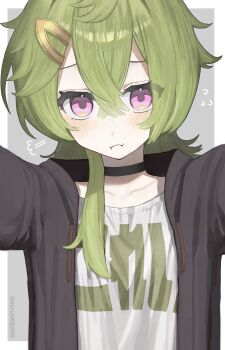 1girl :i alternate_costume artist_name black_choker black_jacket blush border choker closed_mouth collarbone collei_(genshin_impact) crossed_bangs flying_sweatdrops frown genshin_impact green_hair grey_background hair_between_eyes hair_ornament hairpin highres jacket long_hair looking_at_viewer outside_border puff_of_air purple_eyes reaching reaching_towards_viewer shirt simple_background solo tanururi twitter_username upper_body white_border white_shirt