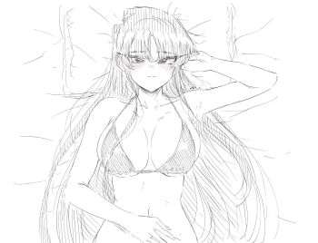1girl bikini blush breasts closed_mouth greyscale highres komi-san_wa_komyushou_desu komi_shouko large_breasts long_hair looking_at_viewer lying mitsugu monochrome on_back pillow solo spot_color swimsuit