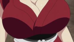 1girl animated anime_screenshot bouncing_breasts breast_focus breasts cleavage curvy highres huge_breasts japanese_clothes kimono looping_animation manyuu_chifusa manyuu_hikenchou milkshake red_kimono solo sound takagi_jun video