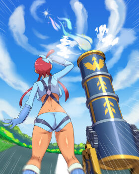 Rule 34 | 1girl, ass, blue gloves, blue jacket, blue shorts, breasts, cannon, cropped jacket, female focus, gloves, jacket, large breasts, nintendo, pokemon, pokemon black and white, red hair, shorts, skyla (pokemon), solo, zuchysdraws