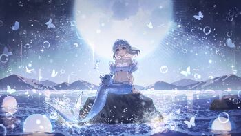 1girl absurdres animalization artist_request bang_dream! bang_dream!_it&#039;s_mygo!!!!! bikini blonde_hair breasts chinese_commentary closed_mouth commentary_request commission full_moon highres looking_at_viewer medium_breasts medium_hair mermaid misumi_uika monster_girl moon navel ocean octopus purple_eyes second-party_source sitting stomach strapless swimsuit togawa_sakiko white_bikini