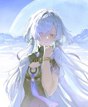 1girl breasts bright_pupils cleavage colored_eyelashes commentary earrings grey_hair hair_intakes hair_ornament hair_over_one_eye hand_up highres jacket jewelry long_hair looking_at_viewer mornye_(wuthering_waves) outdoors parted_lips red_eyes small_breasts solo triangle_earrings upper_body weikeduo_mao_mao white_jacket white_pupils wuthering_waves