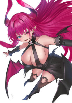Rule 34 | 1girl, absurdres, armored boots, azur lane, black dress, black shoes, black sleeves, blue eyes, boots, breasts, cleavage, collarbone, commentary request, demon girl, demon horns, demon wings, detached sleeves, dress, earrings, gem, heterochromia, highres, horns, jewelry, large breasts, large horns, long hair, long horns, lower teeth only, mecklenburg (azur lane), open mouth, pink eyes, pink gemstone, pink hair, pink horns, shoes, simple background, soul (dp11), teeth, torn clothes, torn dress, white background, wings
