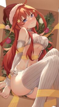 1girl absurdres ahoge arms_behind_back bare_shoulders blue_eyes blush bound bound_wrists bow box breasts cardboard_box christmas cleavage closed_mouth curvy detached_sleeves embarrassed eyebrows_hidden_by_hair eyelashes feet_out_of_frame go-toubun_no_hanayome hair_between_eyes hair_ornament hair_over_shoulder hat head_tilt highres in_box in_container indoors knees_together_feet_apart large_breasts long_hair long_sleeves looking_at_viewer lying nakano_itsuki navel nose_blush on_side profnote red_hair ribbon santa_hat sidelocks solo star_(symbol) star_hair_ornament thighs tsurime underboob very_long_hair virgin_destroyer_sweater white_bow yellow_ribbon