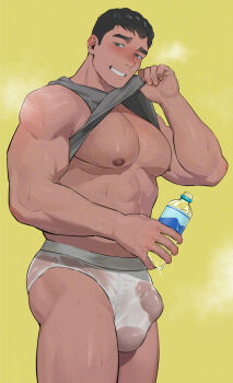 1boy abs bara black_eyes black_hair blush bottle briefs bright_pupils bulge clothes_lift commentary dark-skinned_male dark_skin english_commentary grey_tank_top grin highres holding holding_bottle large_pectorals looking_at_viewer male_focus male_underwear muscular muscular_male nipples original otototo pectorals shirt_lift short_hair simple_background smile solo steaming_body sweat tank_top thick_eyebrows underwear very_sweaty water_bottle wet wet_clothes wet_male_underwear white_male_underwear white_pupils yellow_background
