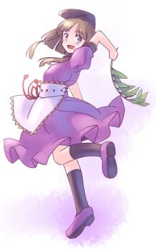 1girl apron black_hat black_socks brown_hair commentary_request dress from_side hat holding holding_plant kneehighs long_hair long_sidelocks looking_back myouga_(plant) nishida_satono one-hour_drawing_challenge plant puffy_short_sleeves puffy_sleeves purple_dress purple_eyes purple_shoes rangycrow red_ribbon ribbon shoes short_sleeves sidelocks socks solo tate_eboshi touhou white_apron white_background