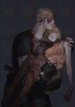 1boy 1girl ashley_graham bare_shoulders black_gloves black_shirt blonde_hair boots breasts carrying fingerless_gloves gloves grey_background hair_over_eyes highres injury leon_s._kennedy medium_breasts nul orange_shirt parted_bangs plaid_clothes plaid_skirt princess_carry resident_evil resident_evil_4 resident_evil_4_(remake) shirt short_hair short_sleeves skirt sleeveless sleeveless_turtleneck sweatdrop turtleneck