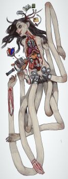 1girl android black_hair blood blue_eyes breasts completely_nude extra_arms guro heart_out_of_chest highres long_hair lying mossacannibalis nipples nude on_back open_mouth original sharp_teeth simple_background small_breasts solo teeth what white_background