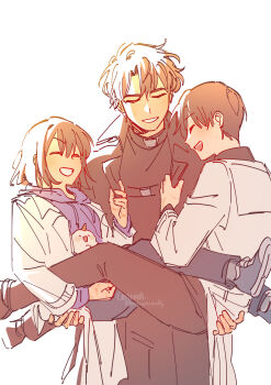 1girl 2boys absurdres animal biyoo_(omniscient_reader&#039;s_viewpoint) black_coat black_hair black_shirt carrying carrying_person closed_eyes coat criteria full_body grin han_sooyoung hand_on_another&#039;s_ass hand_up highres hood hood_down hoodie kim_dokja multiple_boys omniscient_reader&#039;s_viewpoint open_clothes open_coat popped_collar princess_carry purple_hoodie shirt short_hair sidelighting smile white_coat yoo_joonghyuk