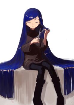 1girl absurdly_long_hair absurdres black_boots black_pantyhose blue_hair boots brown_sweater closed_eyes closed_mouth commentary cutting_hair cutting_own_hair dot_nose english_commentary full_body guantanima_ii_(shadches72) highres holding holding_own_hair holding_scissors knee_boots long_hair long_sleeves original pantyhose scissors shadches72 sitting solo sweater very_long_hair white_background