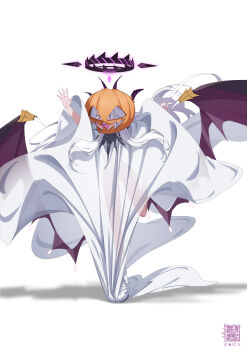 1girl absurdres ahoge black_halo blue_archive breasts demon_girl demon_horns demon_wings feilingdong halo highres hina_(blue_archive) horns long_hair low_wings open_mouth purple_eyes simple_background small_breasts solo tachi-e very_long_hair white_hair wings