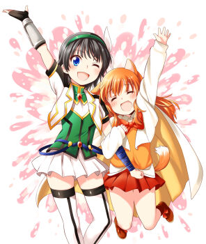 Rule 34 | 10s, 2girls, :d, ;d, ^ ^, animal ears, announcement celebration, arm hug, arm up, black hair, blue eyes, bow, cape, closed eyes, dog days, dog ears, dog girl, dog tail, closed eyes, fingerless gloves, gauntlets, gloves, hairband, jumping, long sleeves, mitsuki meia, mizuki nana, multiple girls, one eye closed, open mouth, ricotta elmar, short hair, skirt, smile, tail, takatsuki nanami, thighhighs, voice actor connection, wink, zettai ryouiki