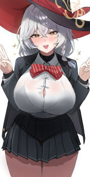 1girl absurdres black_hat black_jacket black_skirt blue_archive blush bow bowtie bra_visible_through_clothes braid breasts brown_halo button_gap cleavage commentary_request cowboy_shot crossed_bangs diagonal-striped_bow diagonal-striped_bowtie diagonal-striped_clothes double_v eri_(blue_archive) halo hands_up hat highres huge_breasts jacket long_hair long_sleeves looking_at_viewer miniskirt open_clothes open_jacket open_mouth pleated_skirt red_bow red_bowtie rimmon saliva saliva_trail shirt side_braid simple_background skirt smile solo striped_bow striped_bowtie striped_clothes thighs tilted_halo turtleneck v white_background white_hair white_shirt witch_hat