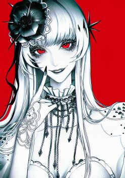 1girl absurdres aegyo_sal bridal_gauntlets collar coquelic_(path_to_nowhere) eyelashes fangs fascinator flower frilled_collar frills glitter_makeup greyscale greyscale_with_colored_background hair_ribbon hand_up head_tilt highres index_finger_raised long_hair looking_at_viewer monochrome parted_lips path_to_nowhere pointing pointing_at_self poppy_(flower) red_background red_eyes ribbon simple_background smile solo spot_color straight-on straight_hair upper_body yu_zhezhe
