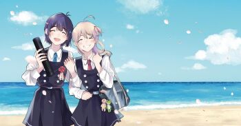 Rule 34 | 2girls, :d, ^ ^, ahoge, amano konatsu, antenna hair, artist name, bag, bag charm, belt, black dress, blue necktie, blue sky, blush, buttons, charm (object), closed eyes, collared shirt, copyright name, cover, cover page, day, diploma, diploma tube, double-breasted, dress, facing viewer, falling petals, flower, frog, graduation, grey hair, grin, hagino makoto, hair ribbon, hand up, hands up, happy, holding, holding diploma, honami koyuki, locked arms, long hair, long sleeves, manga cover, missing commentary, mole, mole under eye, multiple girls, necktie, nettaigyo wa yuki ni kogareru, ocean, official art, one side up, open mouth, outdoors, petals, pinafore dress, purple hair, red flower, red necktie, red ribbon, ribbon, salamander, school bag, school uniform, shirt, short hair, shoulder bag, sky, sleeveless, sleeveless dress, smile, standing, tube, white shirt