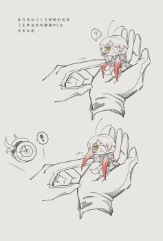 ! 1boy 1other :< :3 ? absurdres ahoge antenna_hair antennae arthropod_boy arthropod_limbs bags_under_eyes bandage_on_face bandage_over_one_eye bandaged_head bandages beard_stubble blush blush_stickers chibi chibi_inset clock closed_mouth cockroach_boy dante_(limbus_company) dngrumauma extra_wings facial_hair fire four_wings g_corp._(identity)_(project_moon) gloves gregor_(project_moon) grey_background greyscale hair_between_eyes hatching_(texture) highres holding holding_chibi holding_mini_person huge_ahoge insect_wings jacket korean_text lifting_person limbus_company limited_palette long_hair long_sleeves looking_at_another low_ponytail mini_person miniboy monochrome monster_boy motion_lines multiple_views multiple_wings no_nose object_head one_eye_covered out-of-frame_character out_of_frame parted_bangs parted_lips partially_colored poking ponytail pouch project_moon prosthetic_head shirt simple_background sitting size_difference sleeves_rolled_up smile solo_focus speech_bubble spoken_exclamation_mark spoken_question_mark stubble turtleneck turtleneck_shirt wings yellow_eyes