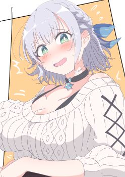 1girl absurdres arm_under_breasts black_choker blush breasts choker cleavage grey_hair highres hololive large_breasts looking_at_viewer medium_hair official_alternate_costume shirogane_noel shirogane_noel_(casual) smile solo sweater virtual_youtuber white_sweater yuki_nagisaa