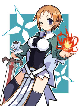 1girl ascot between_breasts black_ascot blue_eyes blue_gemstone blue_thighhighs blush bow breasts brooch brown_hair corset demon_girl disgaea earrings fire gem green_shirt highres holding holding_sword holding_weapon huge_bow jewelry large_breasts long_sleeves looking_at_viewer magic magic_knight_(disgaea) makai_senki_disgaea_2 one_eye_closed pelvic_curtain pointy_ears pyrokinesis shirt short_hair smile solo stud_earrings suaman sword thighhighs waist_bow weapon white_bow wrist_bow