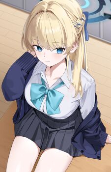 Rule 34 | 1girl, absurdres, arm at side, black skirt, blonde hair, blue archive, blue bow, blue bowtie, blue cardigan, blue eyes, blue halo, blue streaks, blush, bow, bowtie, braid, breasts, buttons, cardigan, closed mouth, collarbone, collared shirt, commentary, cowboy shot, desk, from above, hair bow, half up braid, halo, hand in own hair, hand up, highres, indoors, korean commentary, long hair, long sleeves, looking at viewer, loose bowtie, medium breasts, miniskirt, multicolored hair, official alternate costume, on desk, open cardigan, open clothes, pleated skirt, school desk, school uniform, seueo, shirt, single off shoulder, sitting, skirt, sleeves past wrists, smile, solo, streaked hair, toki (blue archive), toki (school uniform) (blue archive), white shirt, wooden floor