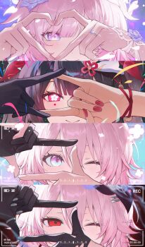4girls absurdres battery_indicator black_gloves black_hair camera camera_view close-up closed_mouth cyrene_(demiurge)_(honkai:_star_rail) cyrene_(honkai:_star_rail) diamond-shaped_pupils diamond_(shape) evernight_(honkai:_star_rail) flower flower-shaped_pupils four-finger_heart_hands fox_mask gloves glowing glowing_eyes hair_flower hair_ornament hands_up heart heart_hands highres honkai:_star_rail honkai_(series) jewelry looking_at_viewer march_7th_(honkai:_star_rail) march_7th_(preservation)_(honkai:_star_rail) mark_under_eye mask mask_on_head multiple_girls official_alternate_eye_color one_eye_closed partially_fingerless_gloves pink_hair pov purple_eyes purple_flower purple_nails purple_rose recording red_eyes ring rose single_glove smile sparkle_(honkai:_star_rail) symbol-shaped_pupils toria_(toriaa_27) twintails upper_body