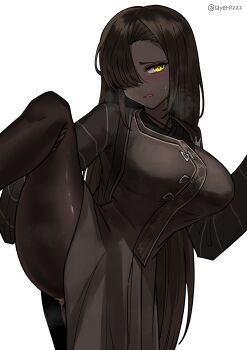 1girl artist_name black_hair blush breasts commentary_request dark-skinned_female dark_skin hair_over_one_eye highres korean_commentary large_breasts layer_(layer_illust) leg_up limbus_company long_hair looking_to_the_side open_mouth panties pantyhose project_moon simple_background standing standing_on_one_leg sweatdrop textless_version underwear yellow_eyes zilu_(project_moon)