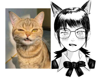 1girl 1other black_bow black_bowtie black_hair blush bow bowtie cat chainsaw_man cloudbuster_104 collar glasses grey_eyes greyscale high_collar highres looking_at_viewer medium_hair mitaka_asa monochrome open_mouth photo_inset portrait simple_background teeth white_background white_collar yellow_eyes