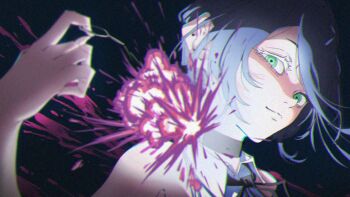 1girl black_choker blood blue_hair chainsaw_man choker closed_mouth explosion green_eyes grenade_pin highres looking_at_viewer reze_(chainsaw_man) shirt skovilll sleeveless sleeveless_shirt solo white_shirt