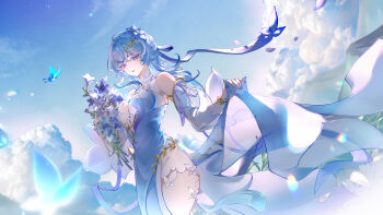 1girl absurdres alternate_costume bare_shoulders blue_butterfly blue_dress blue_hair blue_nails blue_sky bouquet breasts bug butterfly chinese_commentary cloud cloudy_sky colored_eyelashes commentary_request commission day dress flower highres holding holding_bouquet insect light_smile looking_at_viewer looking_to_the_side medium_breasts nail_polish parted_lips purple_eyes shorekeeper_(wuthering_waves) sky solo wuthering_waves zelphal