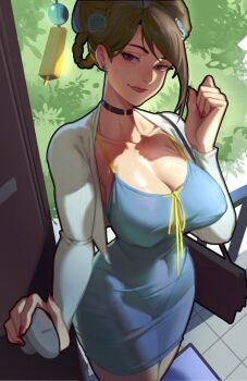 1girl absurdres bag breasts brown_eyes brown_hair capcom chun-li cloudy_rain4 collarbone covered_erect_nipples dongtan_dress dress hair_bun hair_ornament handbag highres large_breasts open_door opening_door panties_visible_through_clothes pov red_nails ribbon solo street_fighter street_fighter_6 yellow_ribbon