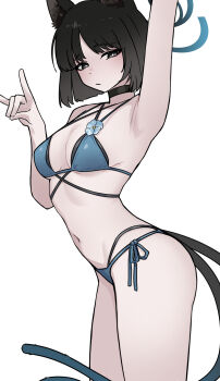 1girl animal_ears arm_up armpit_focus armpits bakeneko bikini black_bikini black_choker black_eyes black_hair black_tail blue_archive blue_bikini blue_halo blue_tail breasts cat_ears cat_girl cat_tail choker cleavage closed_mouth criss-cross_halter criss-cross_straps fox_shadow_puppet gradient_tail guwall halo halterneck haori highres japanese_clothes kikyou_(blue_archive) kikyou_(swimsuit)_(blue_archive) layered_bikini looking_at_viewer medium_breasts multiple_tails navel official_alternate_costume short_hair side-tie_bikini_bottom simple_background solo stomach swimsuit tail thighs two_tails white_background white_haori