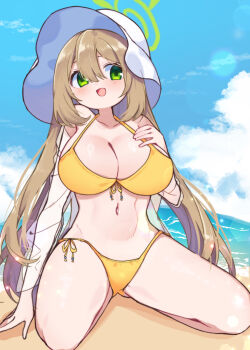 1girl beach bikini blue_archive blue_sky breasts brown_hair cloud collarbone commentary_request double-parted_bangs green_eyes green_halo hair_between_eyes halo hat highres jacket kneeling large_breasts light_blush long_hair midriff navel nonomi_(blue_archive) ocean open_mouth partial_commentary removing_jacket sand sky smile solo swimsuit very_long_hair white_hat white_jacket yellow_bikini yomoi