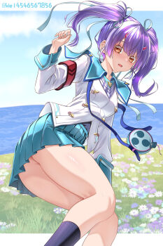 Rule 34 | 1girl, absurdres, alternate costume, ass, blue skirt, breasts, cowboy shot, fiona (xenoblade), highres, jacket, miniskirt, ocean, pleated skirt, purple hair, skirt, solo, thighs, twintails, wade (njud8343), water, white jacket, xenoblade chronicles (series), xenoblade chronicles 3, yellow eyes