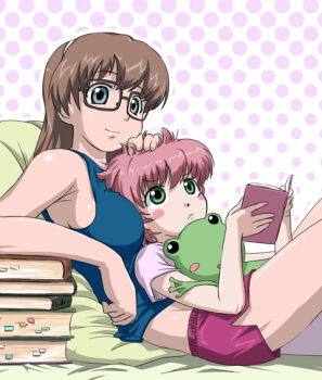2girls anime_coloring anita_king aqua_eyes archived_source armrest bad_link between_breasts between_legs blush_stickers book book_stack bookmark breasts brown-framed_eyewear brown_hair casual dot_nose frown glasses green_eyes hair_between_eyes hairband halftone halftone_background hand_on_another&#039;s_head head_rub long_hair medium_breasts medium_hair midriff multiple_girls nagian official_style on_bed open_book pillow pink_shirt polka_dot polka_dot_background purple_shorts r.o.d_the_tv read_or_die rectangular_eyewear shirt shorts side_slit side_slit_shorts simple_background sitting smile sticky_note straight_hair stuffed_animal stuffed_frog stuffed_toy sumiregawa_nenene white_hairband