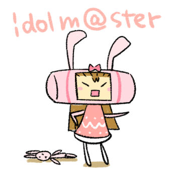 1girl animal_ears blush_stickers bow brown_hair chan_co closed_eyes copyright_name full_body idolmaster idolmaster_(classic) idolmaster_1 katamari_damacy long_hair minase_iori namco parody pink_bow rabbit_ears simple_background solo standing stuffed_animal stuffed_rabbit stuffed_toy usa-chan_(idolmaster) white_background