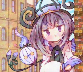 1girl ? black_dress blunt_bangs bob_cut chandelure coat dress gen_5_pokemon gloves gwynn_(pokemon) hat long_sleeves looking_at_viewer nintendo open_clothes open_coat partially_fingerless_gloves pokemon pokemon_(creature) pokemon_legends:_z-a purple_eyes purple_hair short_hair upper_body wasui white_coat x_mouth