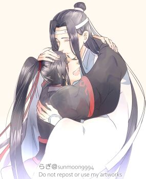 2boys ahoge black_hair black_hanfu black_sash chinese_clothes closed_eyes closed_mouth commentary couple hair_ribbon hand_on_another's_head hanfu headband height_difference hug kiss kissing_forehead lan_wangji long_hair long_sleeves male_focus modao_zushi multiple_boys open_mouth ponytail red_ribbon ribbon robe sash sidelocks simple_background smile sunmoon9994 topknot twitter_username very_long_hair watermark wei_wuxian white_hanfu white_headband wide_sleeves yaoi