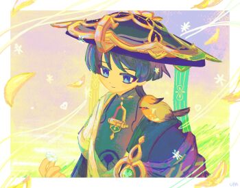 Rule 34 | 1boy, anemo symbol (genshin impact), animal, animal on shoulder, aqua gem, arm at side, bird, bird on shoulder, black bodysuit, black hair, blue cape, blue eyes, blue hat, blue kimono, blue sleeves, blunt ends, bodysuit, border, bridal gauntlets, bright pupils, cape, closed mouth, eyeliner, flower, gem, genshin impact, gold, grass, hat, highres, holding, holding flower, japanese clothes, jingasa, juban, kimono, layered sleeves, makeup, male focus, mandarin collar, open clothes, open kimono, outdoors, purple sky, red eyeliner, scaramouche (genshin impact), short sleeves, shoulder peek, side cape, sky, smile, solo, uo82q, upper body, vision (genshin impact), wanderer (genshin impact), white border, white flower, white kimono, white pupils, white sleeves