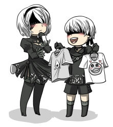 Rule 34 | 1boy, 1girl, 2b (nier:automata), 9s (nier:automata), black blindfold, black dress, black footwear, black gloves, black jacket, black shorts, blindfold, boots, cleavage cutout, clothing cutout, dress, emil (nier), full body, gloves, grey shirt, grin, holding, holding clothes, jacket, looking at another, mole, mole under mouth, nier:automata, nier (series), open mouth, redmageroxy, shirt, shorts, simple background, smile, standing, teeth, thigh boots, upper teeth only, white background, white shirt