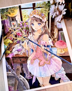 1girl :d accident art_tools_in_frame blue_eyes book broken_glass brown_hair cauldron chain collarbone crystal drawer dress feet_out_of_frame fingernails flower gem glass hands_up highres indoors jar long_sleeves looking_at_viewer nervous off-shoulder_dress off_shoulder open_mouth original painting_(medium) pink_dress pink_nails potion purple_flower red_gemstone short_dress small_sweatdrop smile solo spill standing tiara totooria_helmold traditional_media watercolor_(medium) window yuyuharu_1027