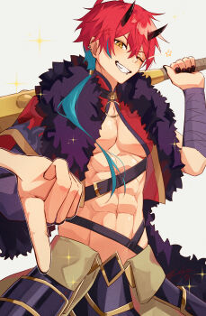 1boy abs absurdres baseball_bat black_nails cho_kaguya-hime! from_below fur_trim highres holding holding_baseball_bat holding_weapon horns izanaware_game male_focus mikado_akira_(cho_kaguya-hime!) muscular muscular_male one_eye_closed oni smile sparkle teeth weapon white_background yellow_eyes