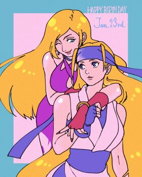 Rule 34 | 2girls, b. jenet, bakumatsu rouman, bandana, blonde hair, blue bandana, blue eyes, bracelet, breasts, choker, cleavage, dress, earrings, fatal fury, fingerless gloves, garou: mark of the wolves, gloves, gold bracelet, happy birthday, january, jewelry, large breasts, long hair, multiple girls, nail polish, one eye closed, purple dress, smile, snk, the king of fighters, the king of fighters xv, yuki (last blade)